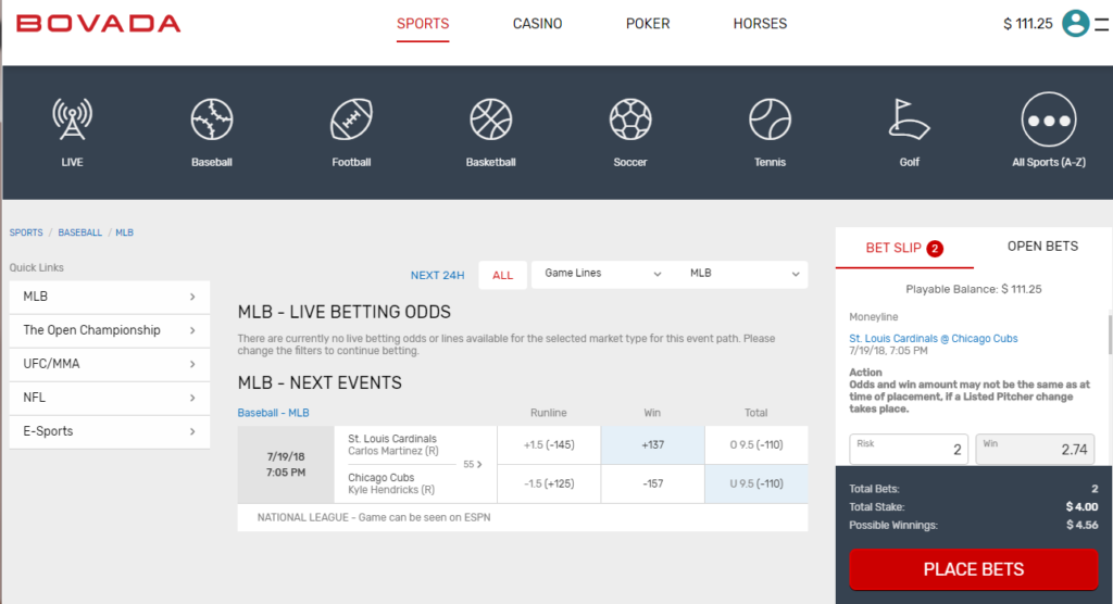 Bovada interface